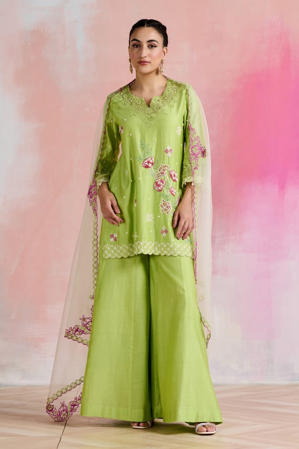 Green Chanderi Embroidered Kurta Sharara Set with Dupatta — NIRVAIR CLOTHING