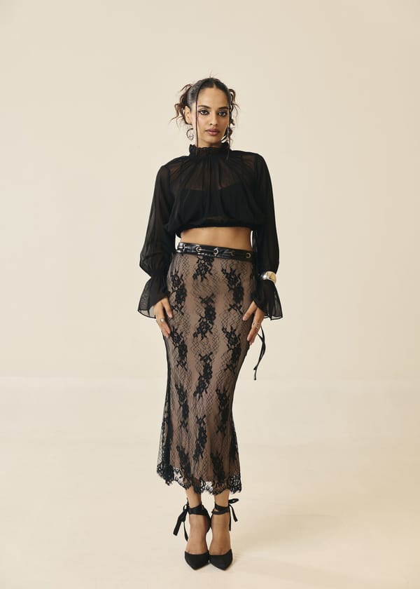 Rosaline Black Lace and Leather Midi Skirt — Lea Clothing