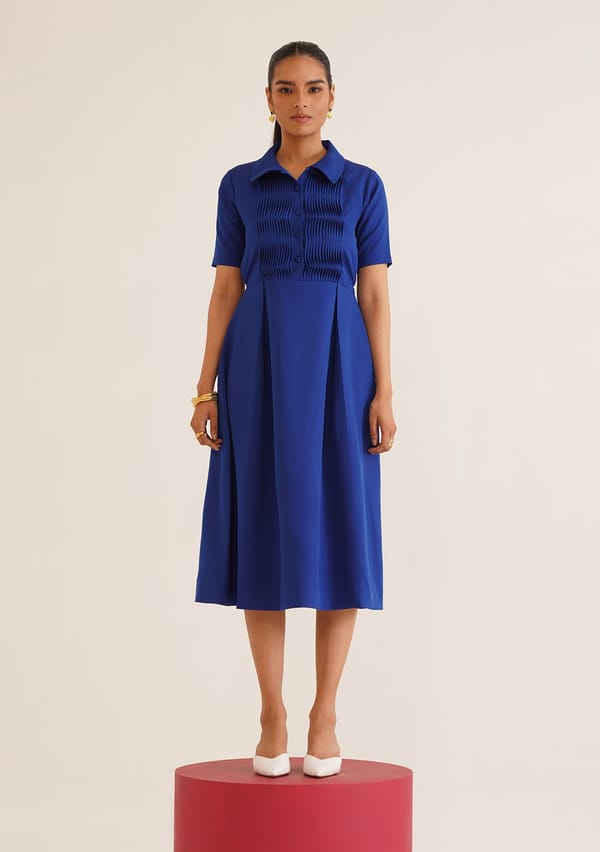 Blue Pintuck Button-Front Fit and Flare Midi Dress — AMOSHI