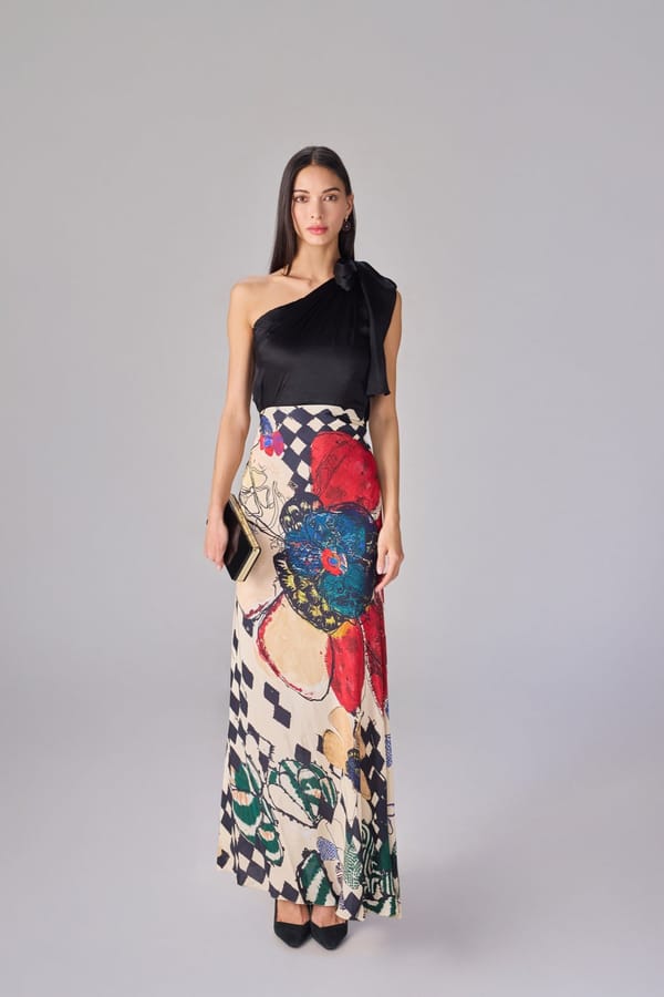 Black/Multi One-Shoulder Tie-Up Printed Maxi Dress — Saaksha and Kinni