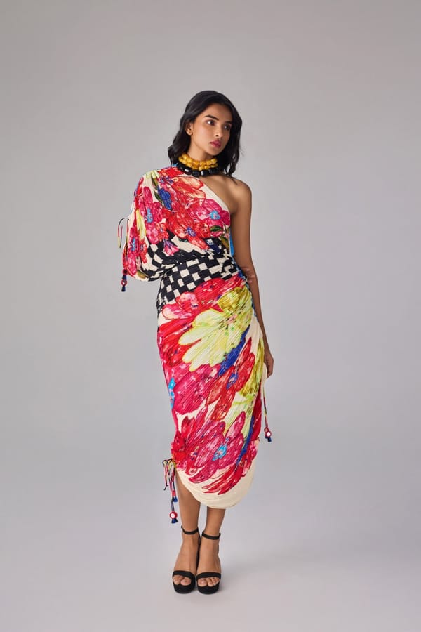 Multi Colour One-Shoulder Micro-Pleated Midi Dress — Saaksha and Kinni
