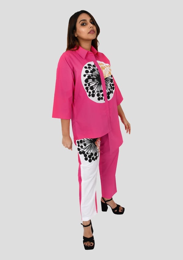 Hot Pink & White Cotton Co-ord Set with Oversized Shirt — Richa Goenka
