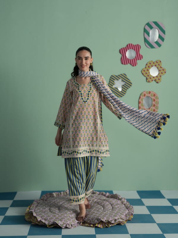DAISY SHORT KURTA WITH STRIPED SALWAR & DUPATTA — TASHA INDIA