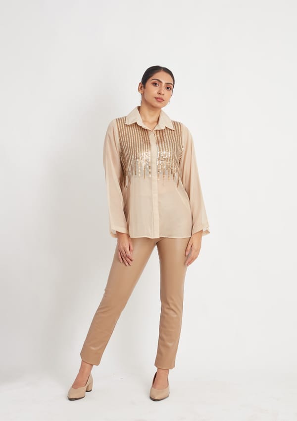 Beige Organza Shirt with Sequin Stripes — Richa Goenka