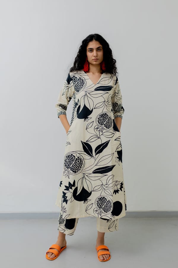 Cream Printed A-Line Kurta Set with Straight Pants — Silai studio