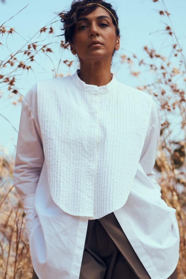 White Oversized Poplin Tux Shirt with Pintucked Yoke — Unrush