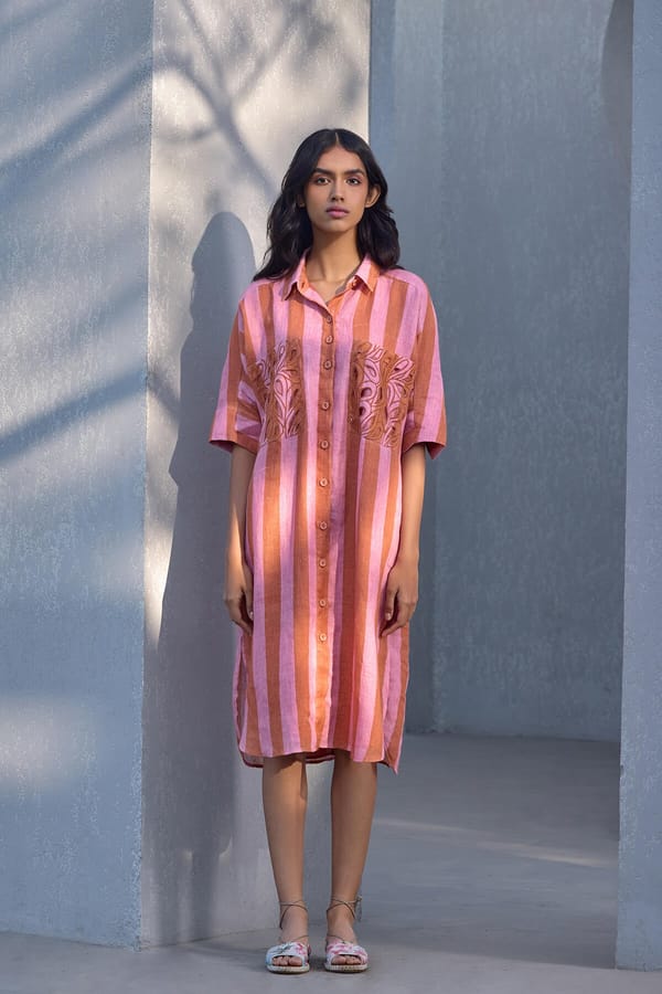 Pink Orange Striped Gauze Linen Midi Shirt Dress — YELL