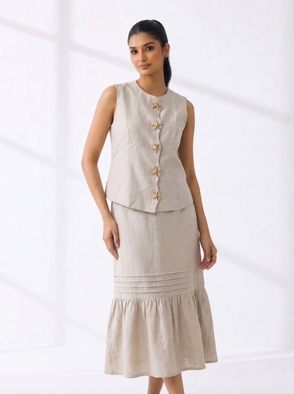 Natural Beige Button Vest and Maxi Skirt Co-ord Set — EFIL
