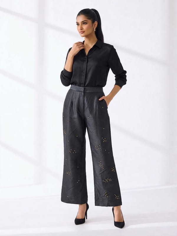 Black High-Rise Wide-Leg Stud Embellished Trousers — The Dramebaaz Company