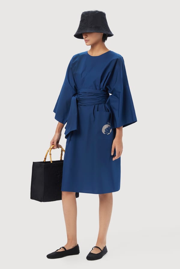 Blue Oversized Kimono Sleeve Belted Knee-Length Dress — Genes Lecoanet Hemant