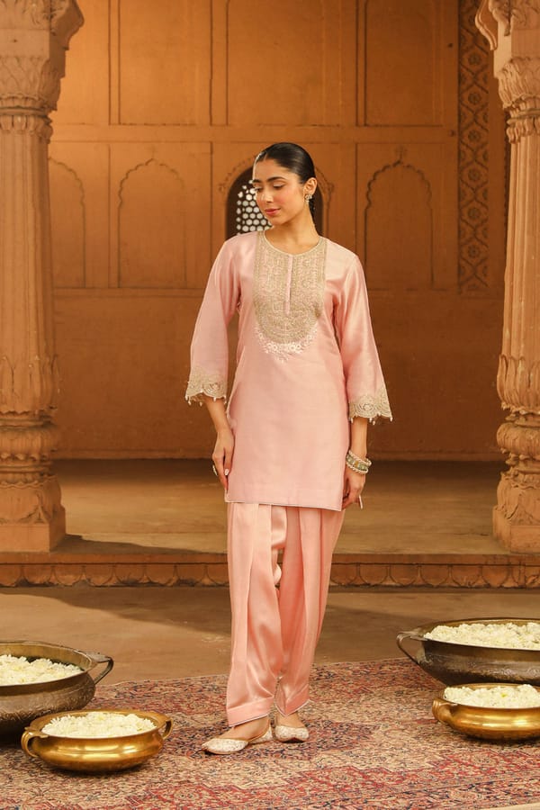 Blush Pink Embroidered Straight Kurta Set with Salwar — Sheetal Batra