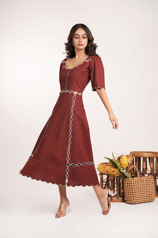 Chocolate Brown Scallop Detail Cotton Midi Dress — 9899