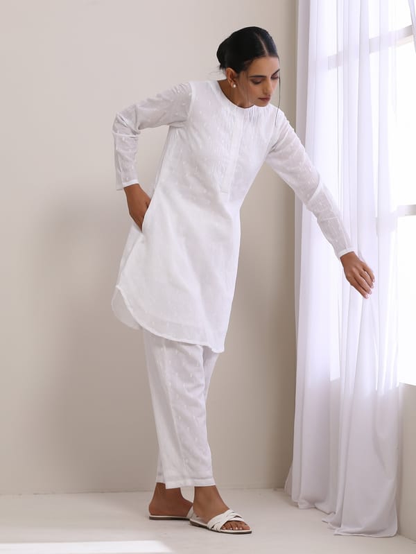 White Cotton Dobby Kurta and Pants Co-ord Set — Truebrowns