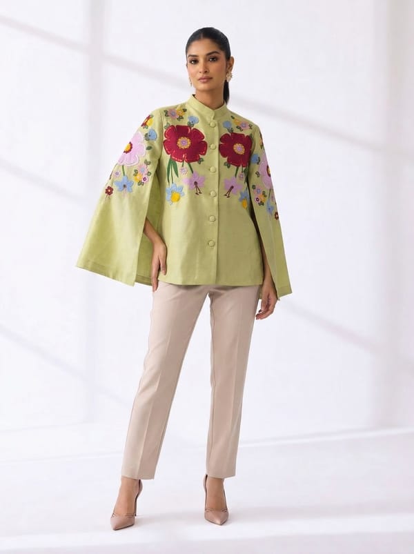 Mint Green Embroidered Button-Front Cape — RUCHIKA MALLIKA LABEL