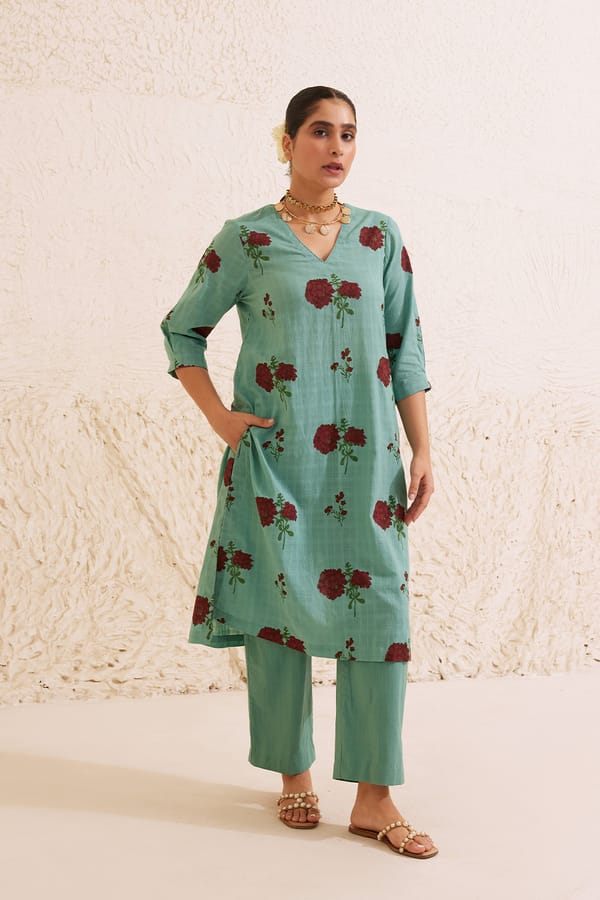 Teal Cotton Hand Block Floral Print Kurta Set — Dressfolk