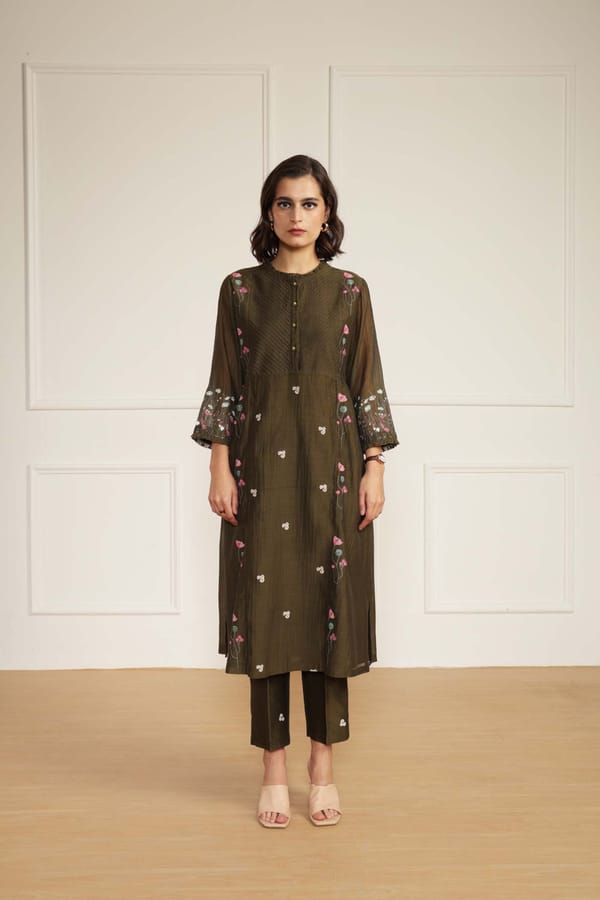 Olive Pintuck Tunic and Straight Pants Co-ord Set — Arcvsh Pallavi Singh