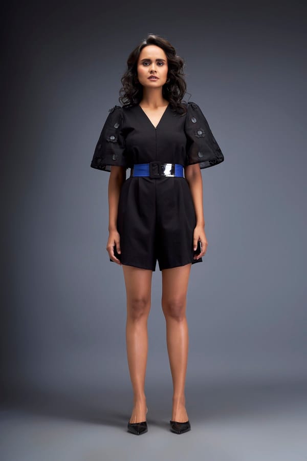 Playsuit with Voluminous Sleeves and Neon-Silver Belt — Deepika Arora