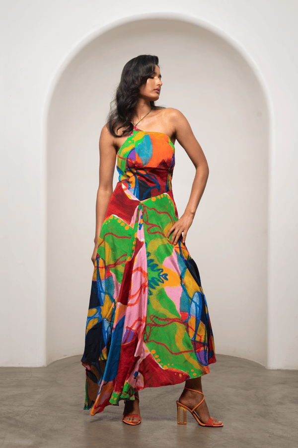 Multicolor Abstract Halter Neck Crepe Maxi Dress — ADVAIT