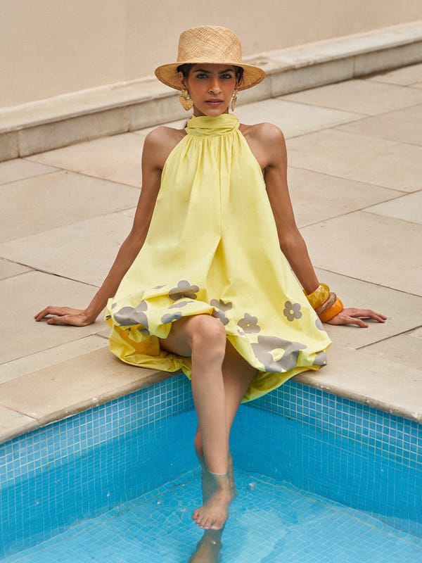Butter Yellow Halter Mini Dress with Oversized Floral Print — HOUSE OF FETT