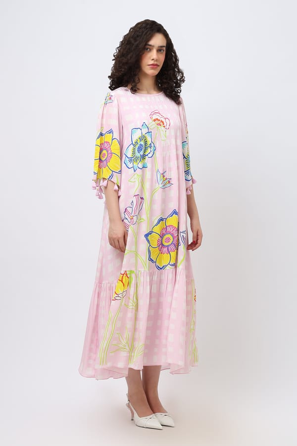 Pintuck Doodle Flare Sleeve Crepe Maxi — Jungle Marigold