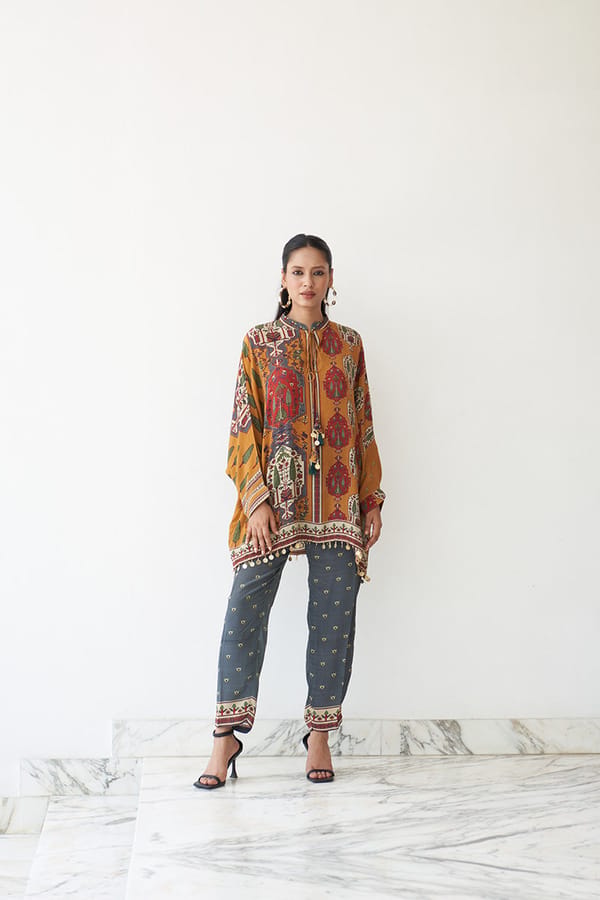 Mustard Tunic and Slate Blue Printed Pants Co-ord Set — Chakkraa