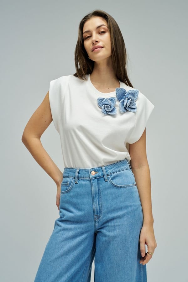 White Cotton T-Shirt with Denim Floral Applique — SALSA JEANS