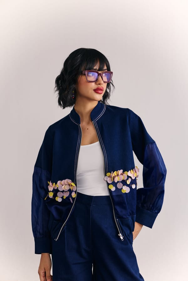 Denim-Organza Embellished Bomber Jacket — HOUSE OF HEATHER