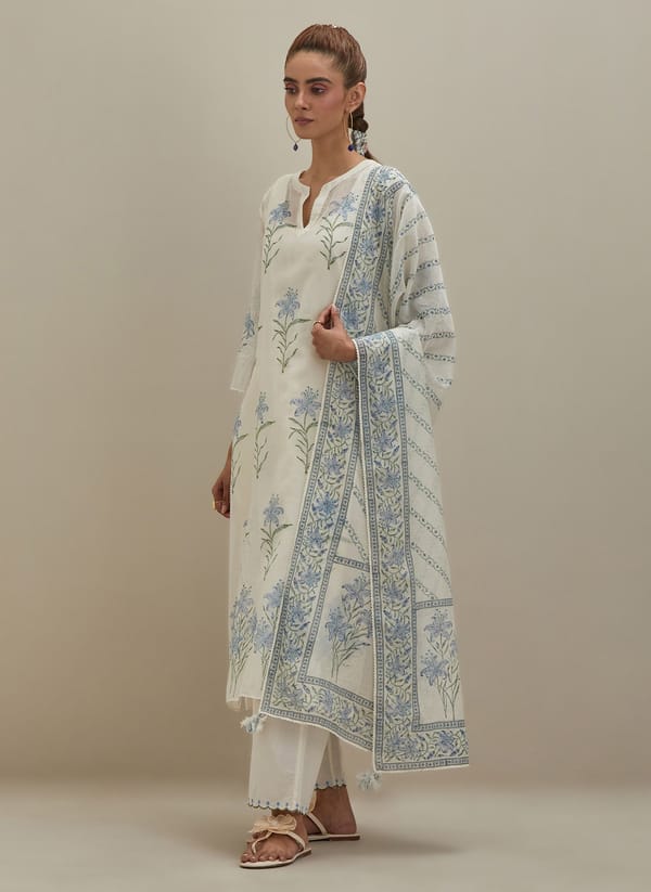 Off White Chanderi Dupatta Block Print — Upavita