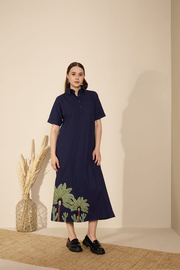 Navy Cotton Poplin Collared Midi Dress with Palm Hem Applique — GAIMA LABEL