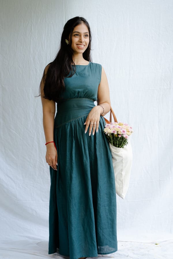 Bottle Green Linen Backless Fit and Flare Maxi Dress — AARI