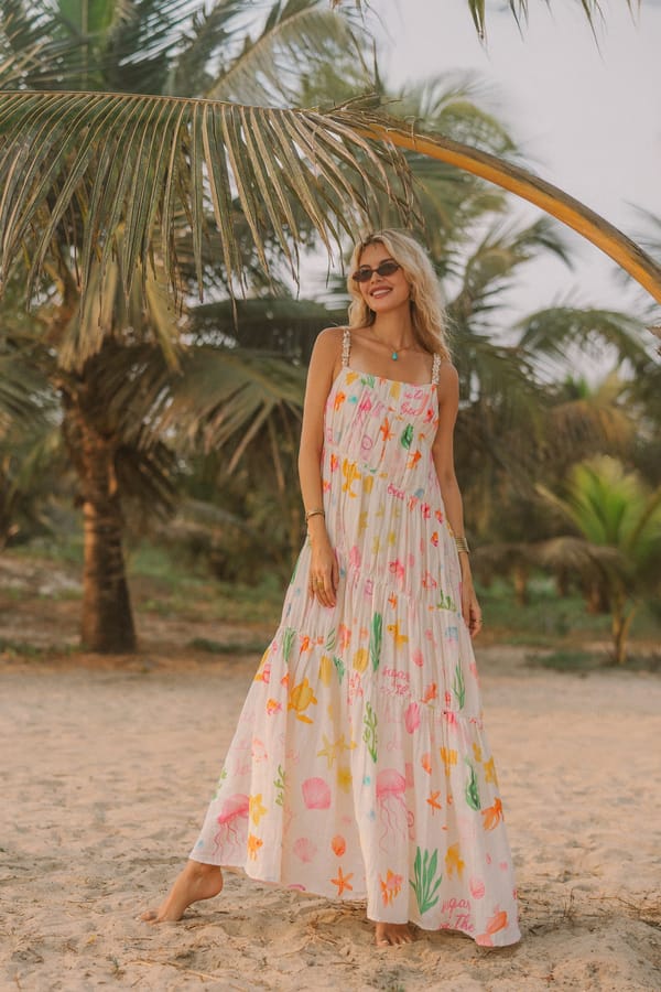 White Printed Tiered Strappy Maxi Dress — Label Sugar