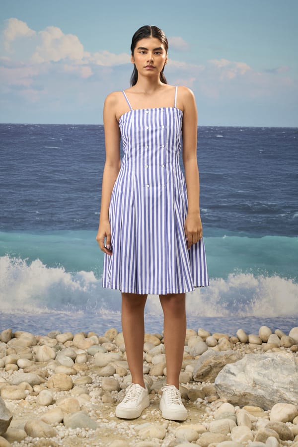 Navy Premium Cotton Bold Midi Dress — Genes Lecoanet Hemant