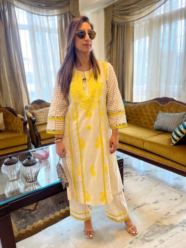Off White/Yellow Cotton Cutwork Embroidered Kurta Set — BUMBLEBEE