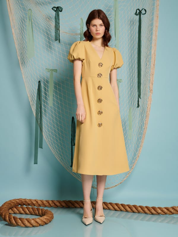 Yellow V-Neck Puff Sleeve Button-Front Midi Dress — SISTER JANE