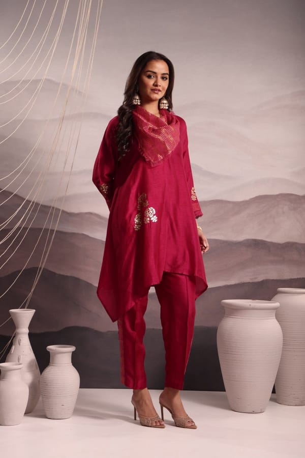 Anti-Fit Asymmetric Silk Tunic with Flower Motif Sequin Embroidery & Cowl Collar — Omi Clothing