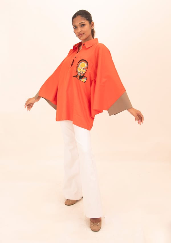 Orange Cotton Poncho Shirt with Embroidery — Richa Goenka