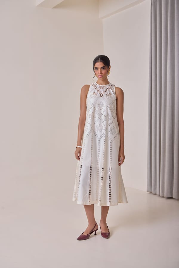 Ivory Taffeta Cutwork A-Line Midi Dress — Needle Ten