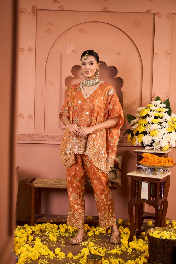 Orange Mirror Work Kaftan and Pant Co-ord Set — TASUVURE
