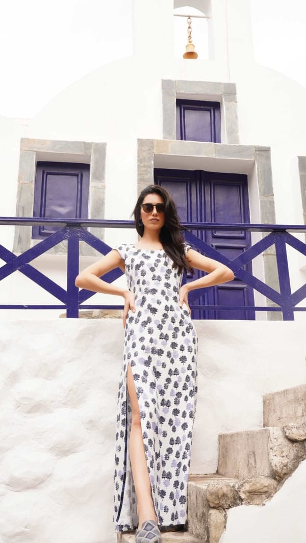 Party Wear Printed Linen Long Dress With Slit — Western Era