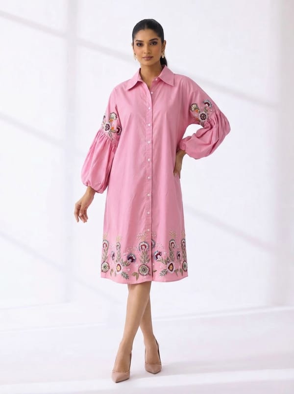 Powder Pink Embroidered Midi Shirt Dress — RUCHIKA MALLIKA LABEL