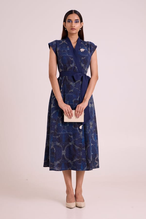 Indigo Printed Linen Wrap Midi Dress with Tie Belt — Madder Much