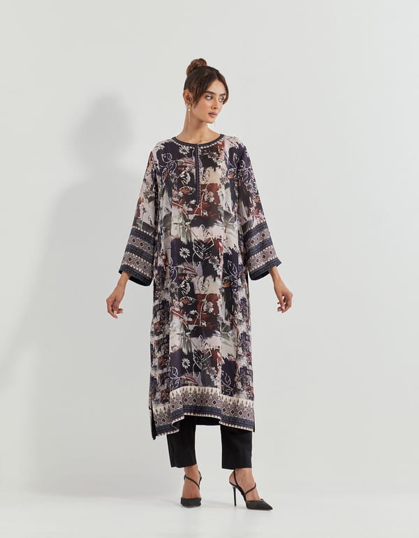 Black Abstract Printed Straight Kurta Set with Pants — Kavita Bhartia