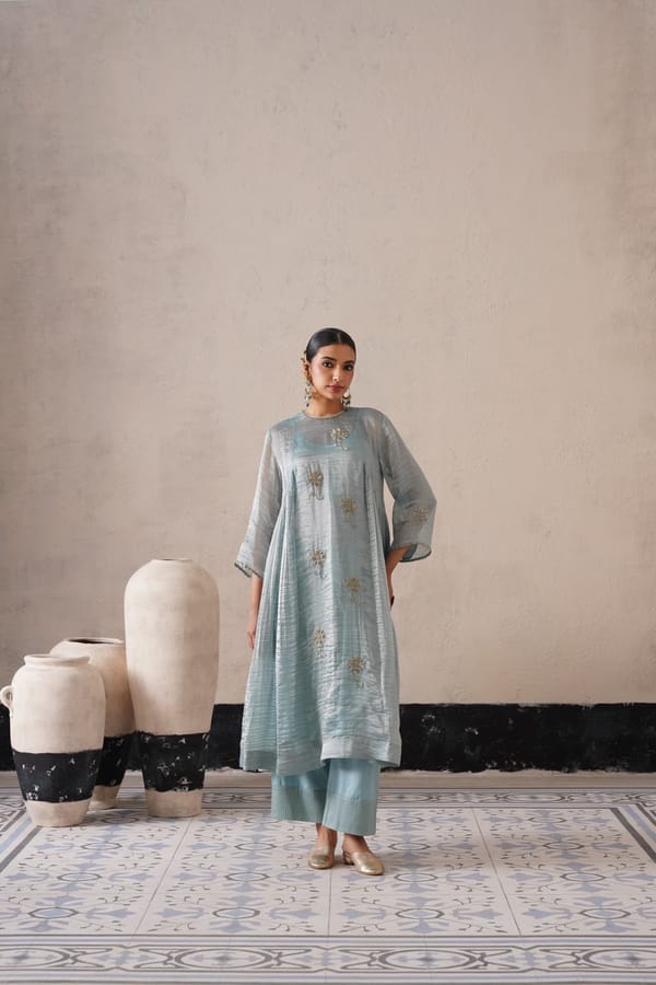 Powder Blue Organza Zardozi A-Line Kurta Set — SHREYASH JAIN