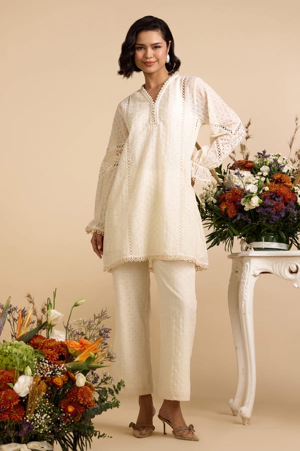 White Cotton Lace and Cutwork Kurta Set with Pants — AVERIE