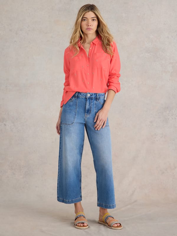 Bright Pink Organic Cotton Embroidered Button-Up Shirt — White Stuff
