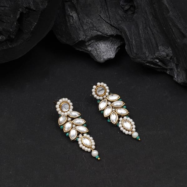 Green Beaded Leaf Kundan Stud Earrings — BeAbhika