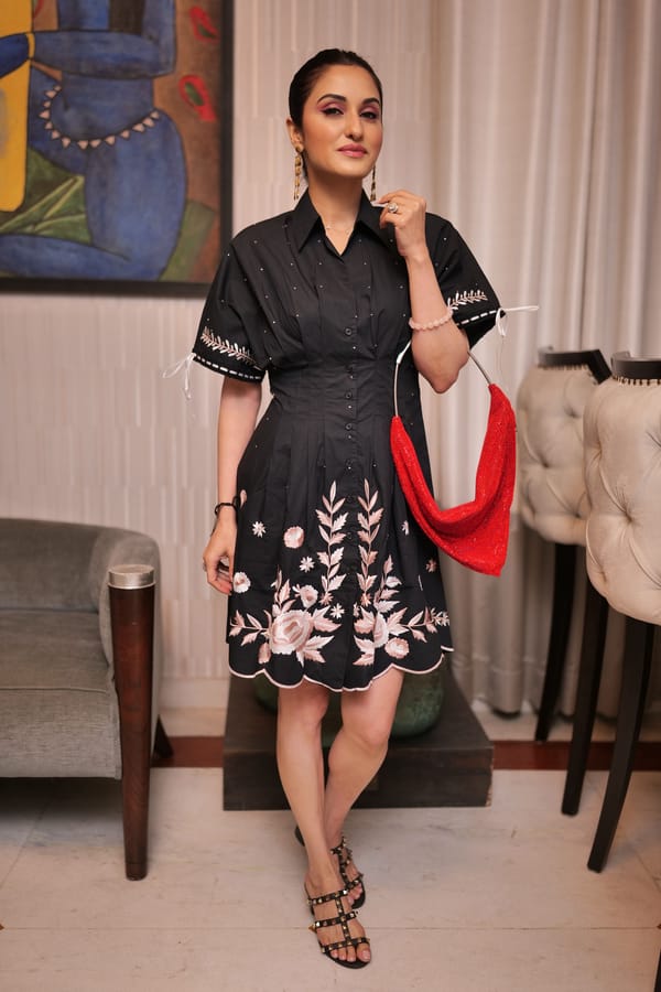 Black Embroidered Fit and Flare Mini Shirt Dress — Style Island