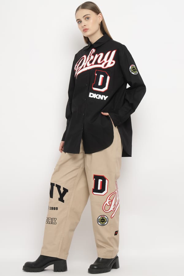 Dark Beige Wide-Leg Graphic Patchwork Trousers — DKNY