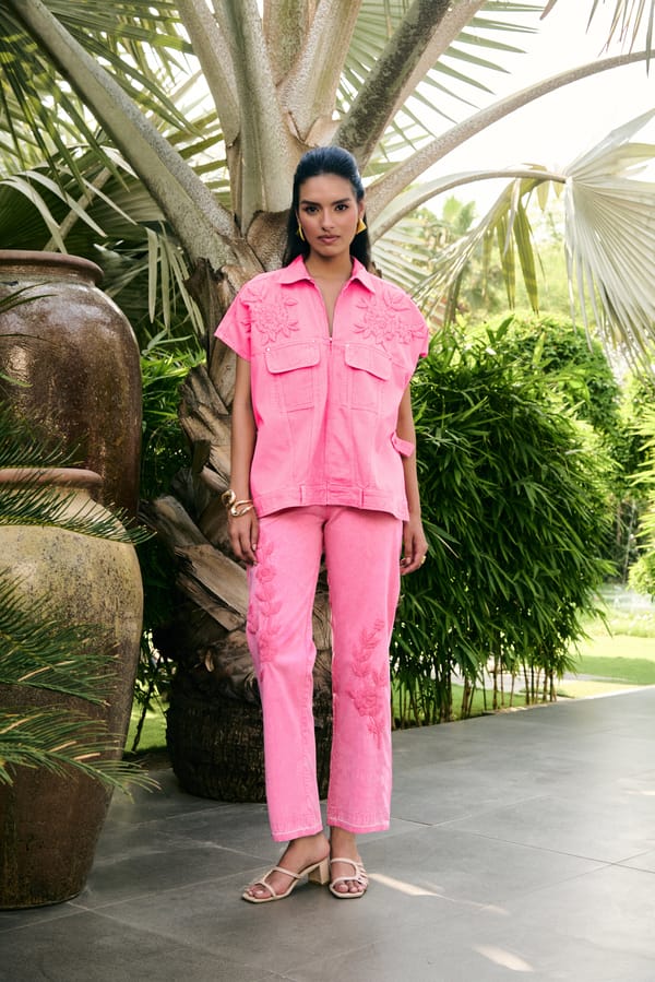 Pink Denim Embroidered Co-ord Set with Zip-Front Top — KAY KAY