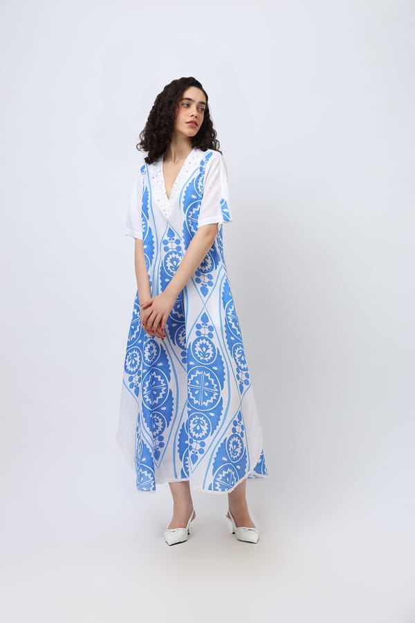 Blue & White Cotton Dress — Jungle Marigold